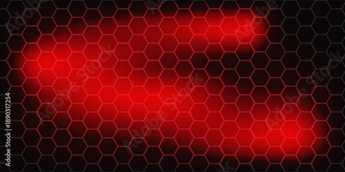 Abstract dark hexagon pattern on red neon background technology style. Modern futuristic geometric shape web banner design. You can use for cover template, poster, flyer, print ad. Vector illustration