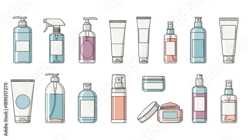 Extensive assortment of cosmetic and skincare packaging including diverse bottles, tubes, and jars in a palette of soft blue and pink.