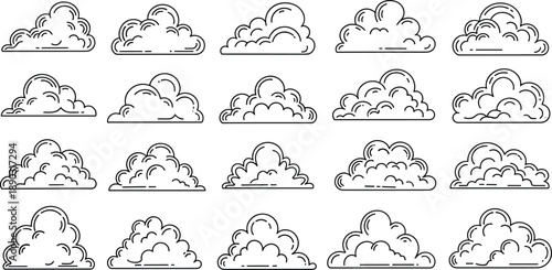 Collection of simple outline cloud illustrations in various cartoon styles on a white background clouds