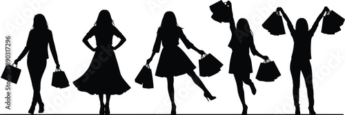 Silhouette of diverse women in various poses holding shopping bags representing consumerism and fashion