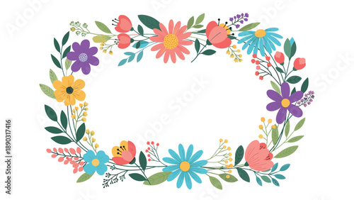 Vibrant rectangular floral frame composed of many different colorful flowers like daisies and wildflowers with green leaves and branches.