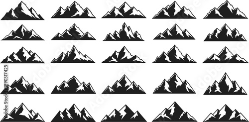 Diverse set of black and white mountain silhouettes showcasing various jagged peaks and summit formations