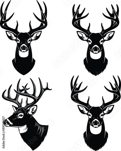 Set of Black and White Deer Head Silhouettes with Large Antlers and Buck Portraits for Hunting Club Logos Wildlife Mascot Design and Outdoor Apparel