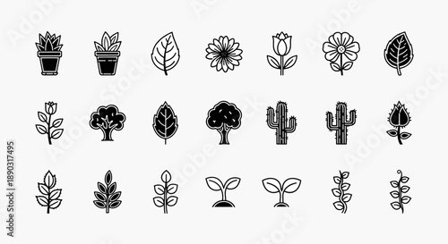 Collection of stylized botanical icons featuring potted plants, trees, flowers, cacti, and leaves on a white background