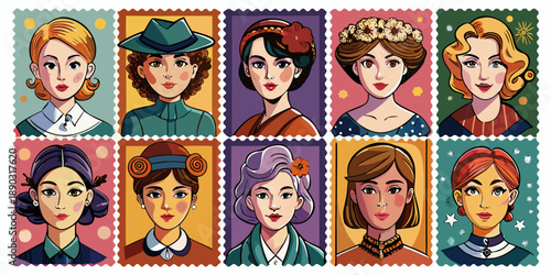 Vintage illustrations of diverse women in colorful postal stamps, perfect for women's day design