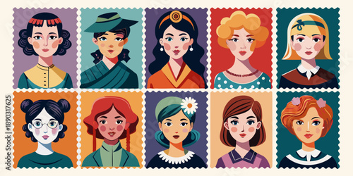 Diverse women character portraits in colorful stamp designs for woman's day and any design needs