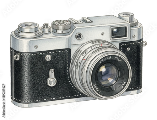 Vintage retro photography camera detailed watercolor illustration black and silver film equipment art
