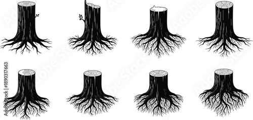 Set of black and white illustrations of tree stumps with exposed root systems and wood grain details