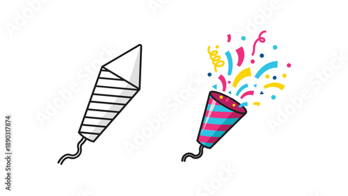 Comparison of two party poppers with one in black and white and the other exploding with colorful confetti and streamers for celebration.