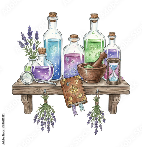 Fantasy alchemy set with colorful potion bottles spellbook mortar pestle hourglass and lavender herbs on a wooden shelf