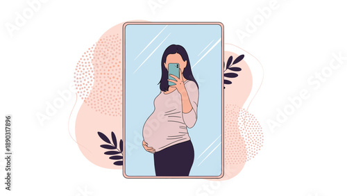 Modern illustration of a pregnant woman in a pink top and dark pants taking a mirror selfie with her smartphone against a patterned pink.