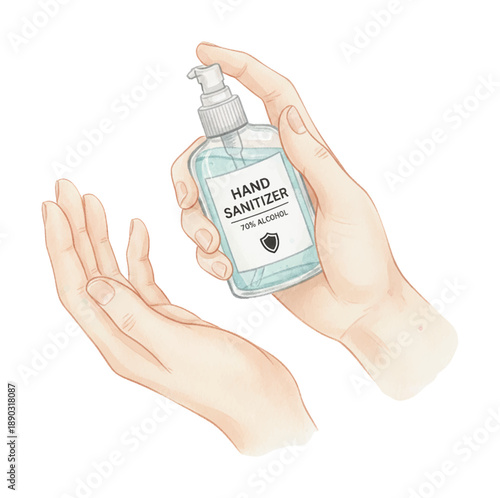 Close up of person's hands dispensing hand sanitizer to fight germs and viruses promoting health and hygiene