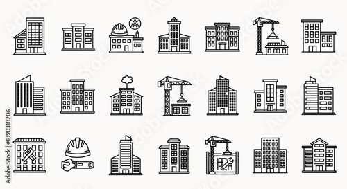 Collection of Modern Buildings Icons Construction Architecture Elements Flat Design Line Art Set Cityscape Outline Graphics