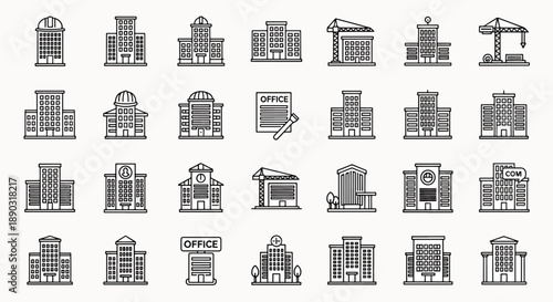 Collection of modern and classic building icons representing various architectural styles, office buildings, and construction sites