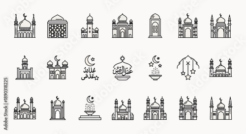 Collection of Islamic mosque icons and architectural elements, celebrating faith and cultural heritage in a stylized line art design