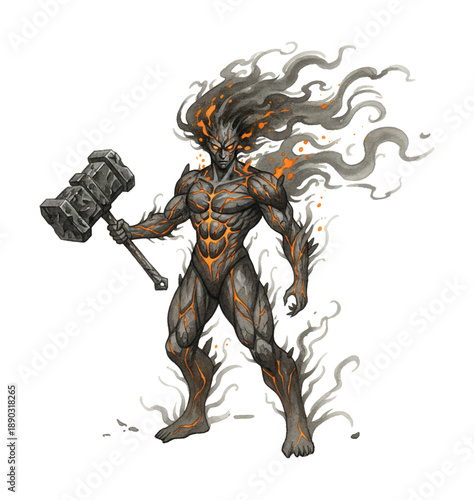 Mighty lava rock elemental creature with fiery glowing eyes smoke hair holding a heavy hammer illustration