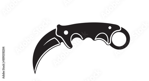 A black and white illustration of a karambit knife viewed from the side on a plain background