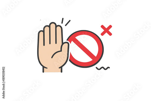 Hand showing stop gesture next to prohibition sign, flat design