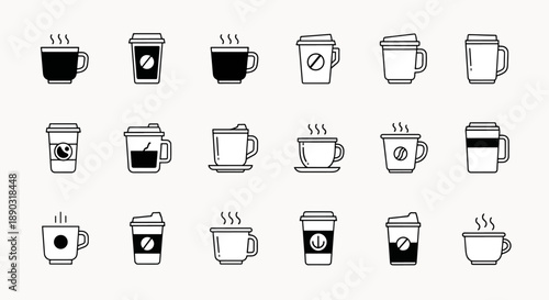 Collection of hot coffee and tea cup icons, modern line art style with steam and coffee beans, vector graphic set