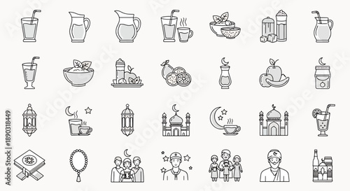 Collection of Islamic Cultural Icons Ramadan Kareem Eid Mubarak Symbols Mosques Lanterns Dates Ramadan Food Ramadan Drinks and People