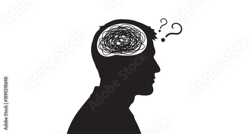 Confused man with question marks and messy brain silhouette thinking