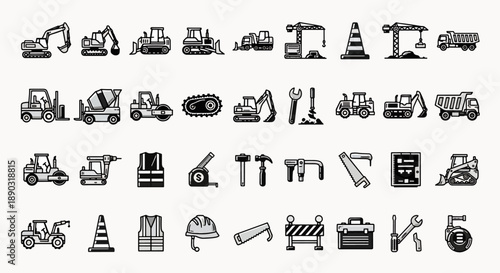 Collection of Construction Equipment and Tools Icons Set Industrial Vehicles and Safety Gear Symbols Vector Illustration
