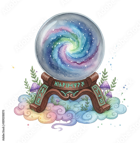 Watercolor Magical Crystal Ball with Galaxy Swirl Standing on Ornate Wooden Base Surrounded by Mystical Clouds Mushrooms and Plants