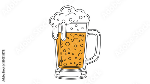 glass mug filled with golden beer topped with thick white foam and carbonation bubbles illustrated in a clean vector style on white.