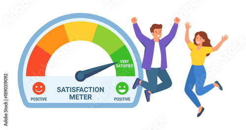 People jumping with satisfaction meter pointing very satisfied