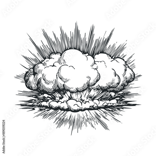 Hand drawn explosion mushroom cloud illustration with radiating lines depicting a powerful burst of energy or impact in a vintage comic book style.