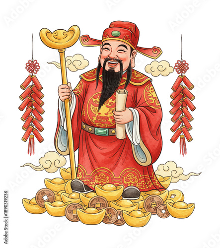 Smiling Chinese God of Wealth in red robe standing on gold ingots holding a golden staff and scroll with firecrackers