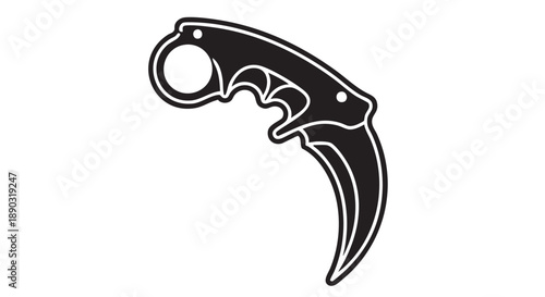 A close-up illustration of a karambit knife with a curved blade and finger ring