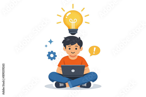 Boy with laptop and bright idea lightbulb, flat design illustration