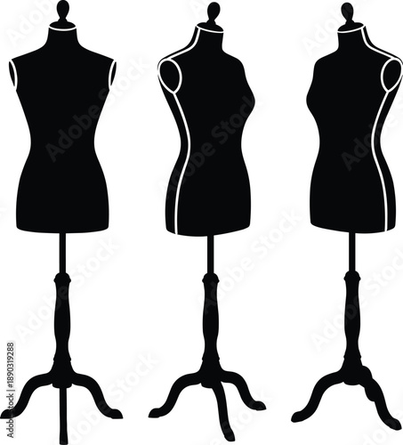 Black Vector Silhouette of Three Female Tailor Mannequins on Stands Shown from Multiple Angles for Fashion Design Dressmaking Sewing Industry and Boutique Apparel Display