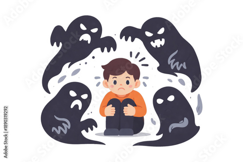 Scared boy surrounded by menacing ghosts, concept of fear and nightmare