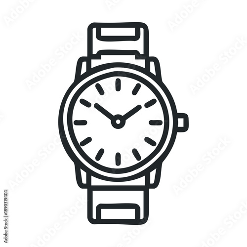 Classic analog wristwatch icon features a simple design with a round face and a metal strap, representing time, punctuality, and fashion.