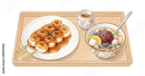 Japanese Sweets Platter with Mitarashi Dango Skewers and Iced Dessert on Wooden Tray Detailed Illustration Artwork