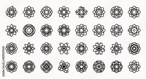 Collection of Atom Icons Featuring Nucleus and Orbiting Electrons, Science and Technology Symbols