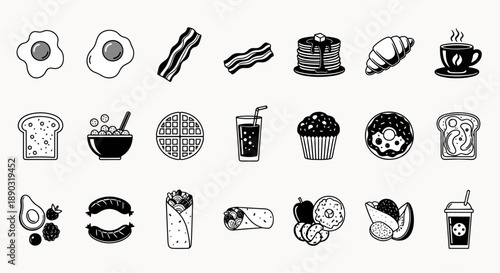 Breakfast Food Icons Collection Black And White Vector Illustrations Of Eggs Bacon Pancakes Croissant Coffee Toast Waffle