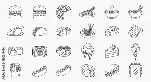 Assortment of Delicious Food Icons Featuring Burgers, Pizza, Sushi, Tacos, Hot Dogs, Fries, and Desserts