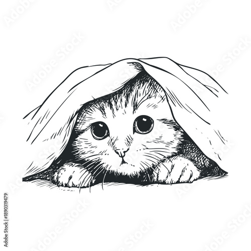 Cute little cat peeking out from under a soft blanket, with big curious eyes and a playful expression, hand-drawn in a charming sketch style.