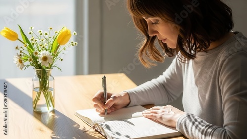Woman writing in notebook next to vase of yellow tulips on sunlit table