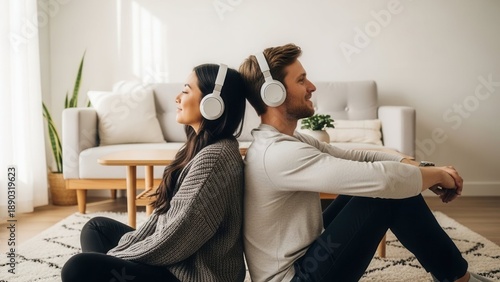 Young couple enjoying music together at home