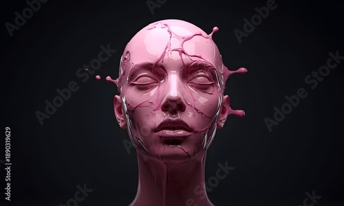 Surreal Pink Liquid Human Face with Glossy Abstract Texture on Dark Background