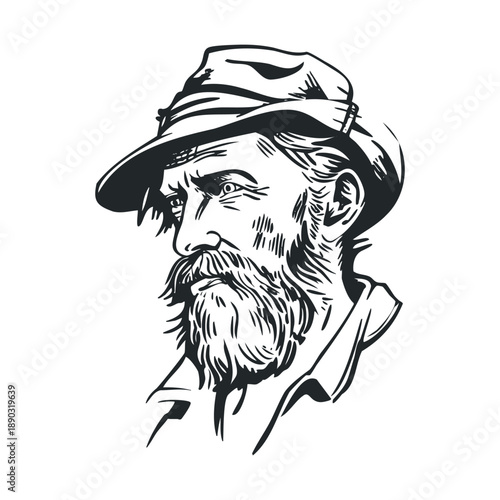 Man with a beard and hat illustration in a vintage black and white style, depicting a rugged character with a thoughtful expression.