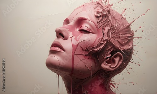 Surreal Pink Paint Liquid Face with Flowing Texture and Artistic Splash