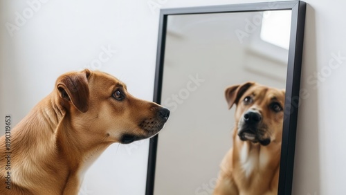Dog looking at reflection in mirror — pet behavior and identity concept