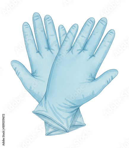 Watercolor illustration of two light blue protective medical examination gloves showing a clean and sterile concept