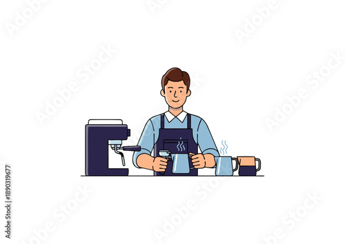 Barista preparing a coffee drink with a steaming pitcher and espresso machine