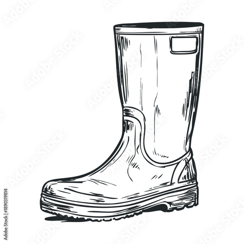 Single rubber boot, hand-drawn in a sketch style, stands upright, ready for wet weather or gardening tasks, showcasing its durable design.